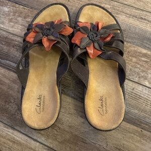 Clarks Women's Sandals with Brown and Red Floral Accents